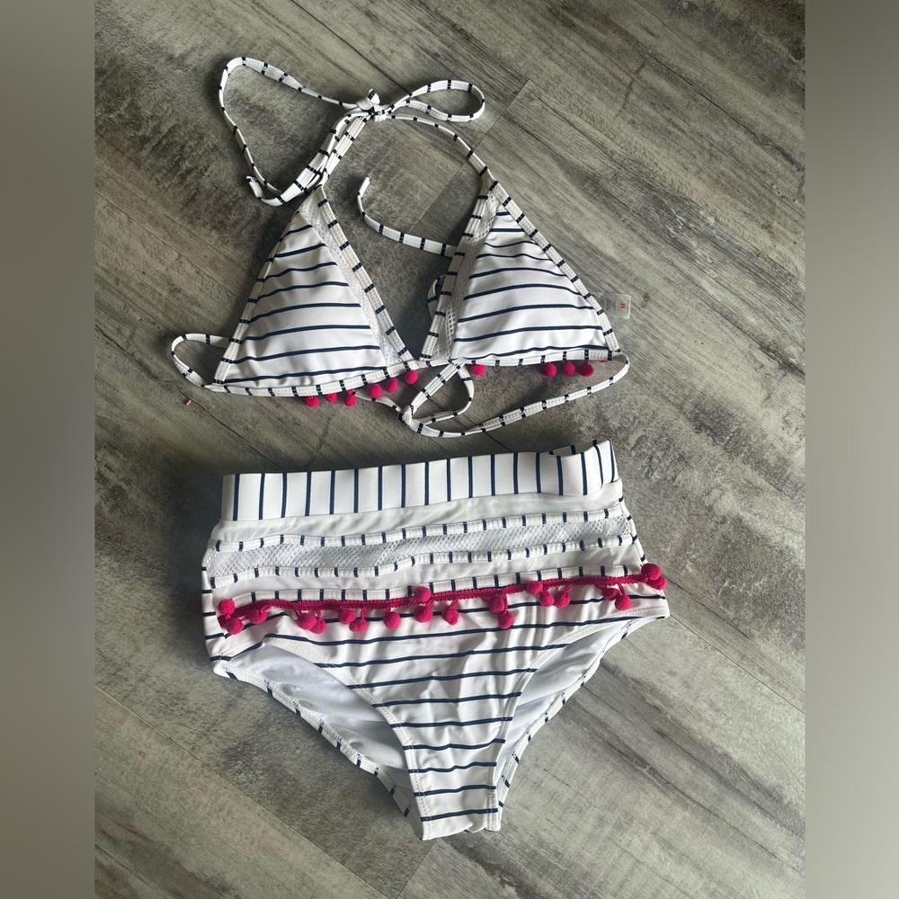 Women's High Waist Two Pieces Bikini Set Halter Straps Tassel Swimsuit